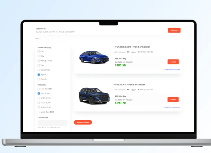 WP REZ Plugin embedded on a custom-built website — showing TSD REZ Central booking widget with vehicle selection