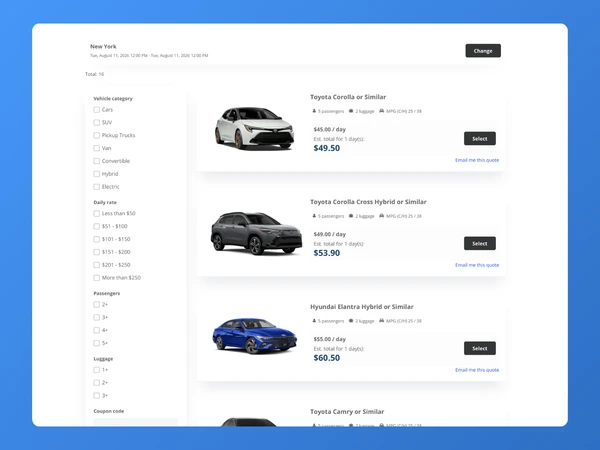 WP REZ Plugin booking step 2: customer browsing available vehicles with real-time pricing and extras selection