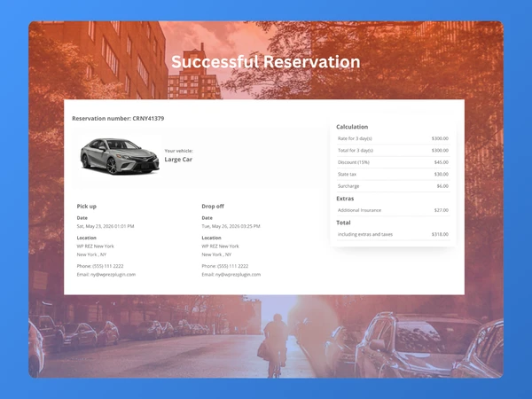 WP REZ Plugin booking step 3: reservation confirmed with unique booking ID, instantly synced to TSD REZ Central