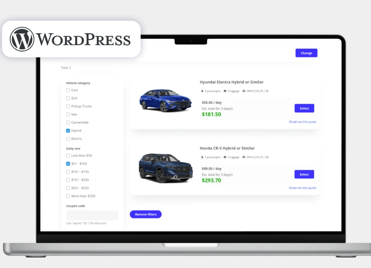 WP REZ Plugin installed on a WordPress website — showing TSD REZ Central booking widget with vehicle selection